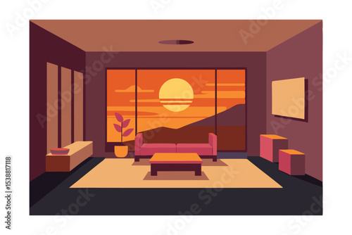 Sunset View Living Room Interior Design Inspiration with Mountain Landscape and Warm Hues