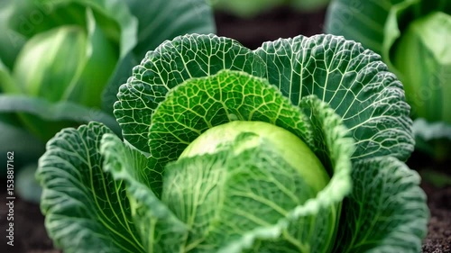 Fresh green cabbage growing in rich soil, showcasing the vibrant details of nature's produce in a garden setting.