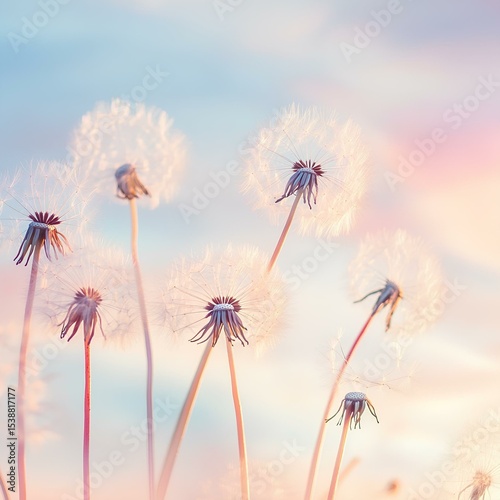 pastel sky with dandelion seeds floating gently