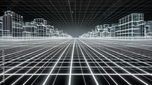 Futuristic cityscape rendered in wireframe, showcasing digital architecture and urban design elements.