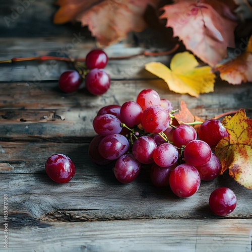 red grapes and autumn leaves on wood table