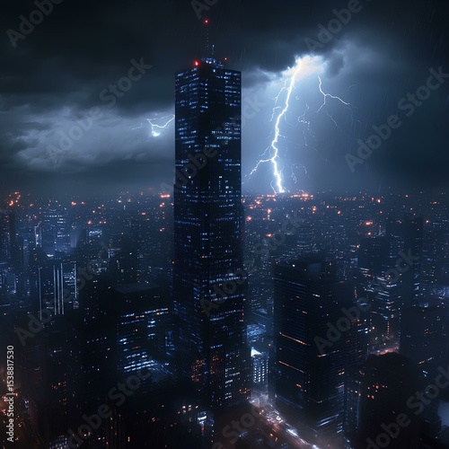 skyscraper night lightning storm scene