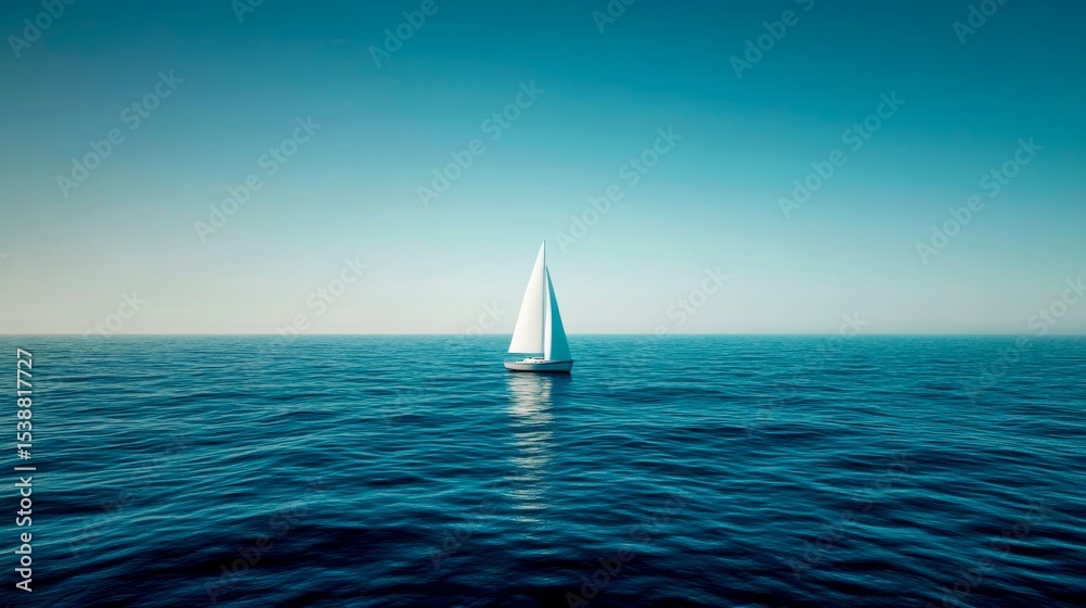 Obraz premium A tiny sailboat drifts peacefully on calm waters, surrounded by the endless horizon. The clear sky enhances the feeling of solitude and freedom as nature unfolds in its simplicity