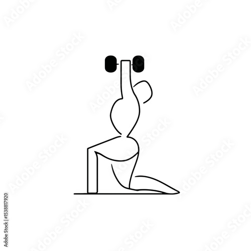 Minimalist figure lifts dumbbell overhead kneeling indoors white