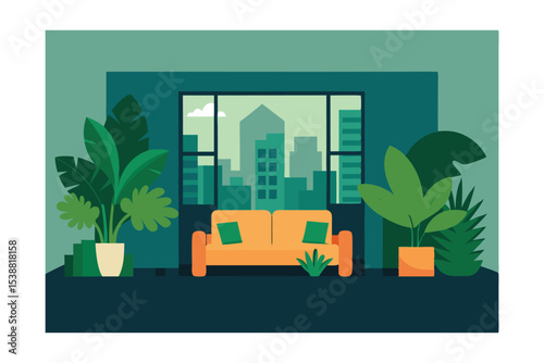Urban Jungle Living Room Modern Interior Design with Lush Greenery and City View