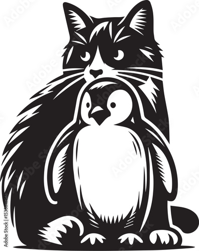 Charming Black and White Illustration of a Cat Gently Holding a Penguin a heartwarming animal friendship graphic design perfect for prints cards and apparel
