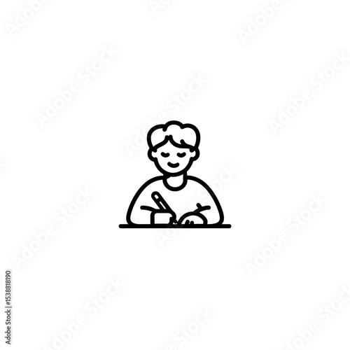 Boy draws diligently stationery study workplace lineart