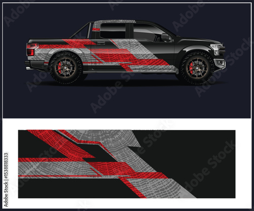 Black Pickup Truck with Red and Gray Tire Track Design Wrap