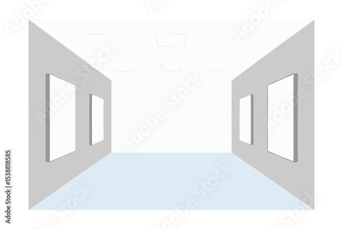 Perspective Drawing Empty Gallery Corridor with Artwork Displays