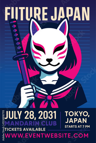 Future Japan event poster with anime girl in fox mask holding katana sword, modern Japanese vector illustration style