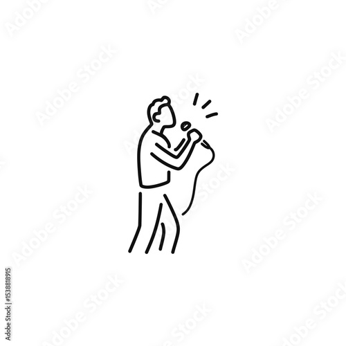 Singing man presents music holding microphone onstage outline