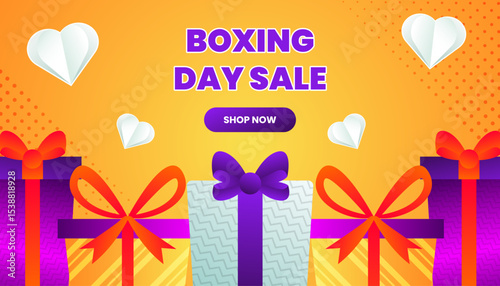 Boxing Day Sale Promotion Gift Boxes and Hearts Background