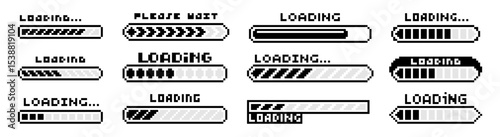 Pixel loading bars. Retro 8-bit progress indicators with "Loading" and "Please Wait" text in pixelated font. Game loading screens, progress bars and computer UI nostalgic elements vector se