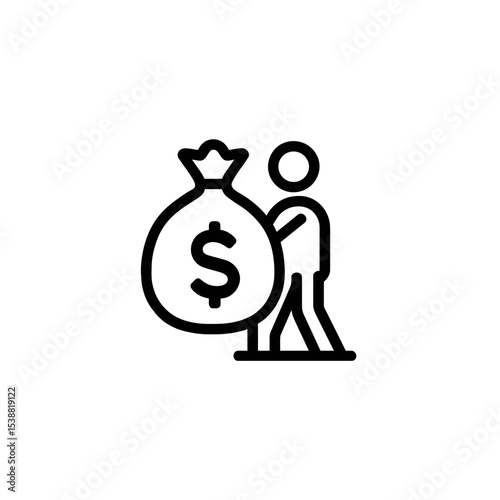 Person carries heavy money bag icon on white background