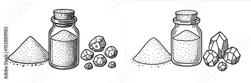 Detailed illustration of sugar in various forms with jars and crystal shapes on a plain background