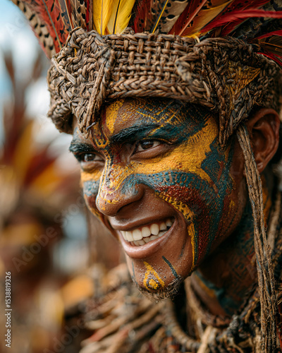 A close-up portrait of a Sandugo Festival dancer, elaborate face paint, woven headdress with feathers, intense gaze and joyful energy, blurred crowd in background, vivid colors.