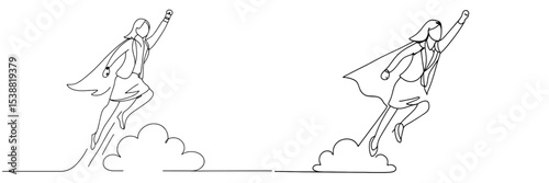 Woman in a superhero cape flying through the sky with a confident pose during daytime in a minimalistic style