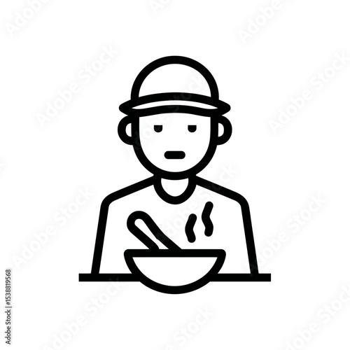 Man eats hot bowl in restaurant simple line drawing
