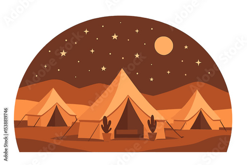 Camping under the stars in a desert landscape with tents and a clear night sky