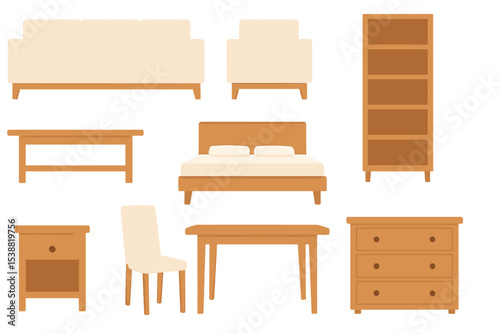 Modern furniture set featuring sofa, chairs, tables, and storage options in a minimalist design