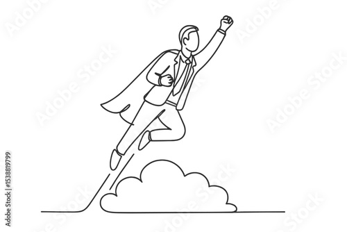 Businessman in a suit flying above the clouds as a superhero symbolizes ambition and success in the corporate world