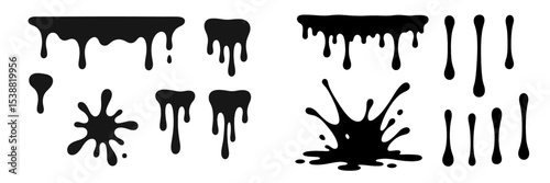 Black paint drips and splashes in various shapes arranged on a white background for artistic use