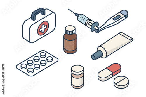Health and wellness essentials including medication, first aid kit, syringe, and thermometer in flat design style