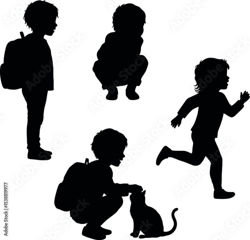 Children Silhouettes: Playing, Learning, Cat Interaction