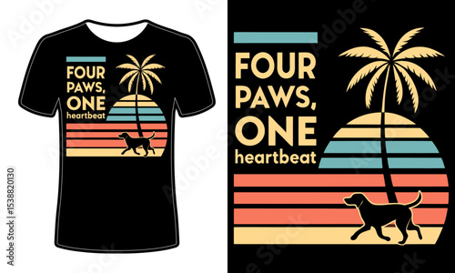 Four Paws, One Heartbeat Design with Dog and Palm Tree Silhouette on a T-Shirt, Ideal for Animal Lovers and Pet Owners Alike