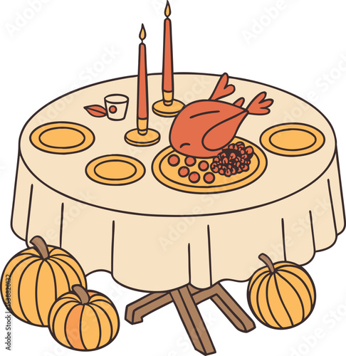 Traditional Thanksgiving Dinner Illustration. Delicious Holiday Feast for Thanksgiving. Family Gathering Around Thanksgiving Table. Autumn Celebration with Thanksgiving Meal. Turkey and Side Dishes