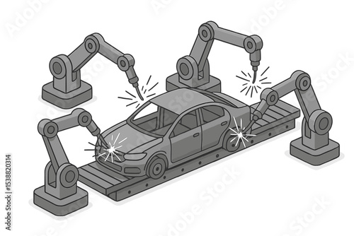 Robotic arms assembling a vehicle on a production line in a modern manufacturing facility