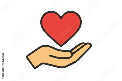 Heart symbol above an open hand representing love and support in a simple design
