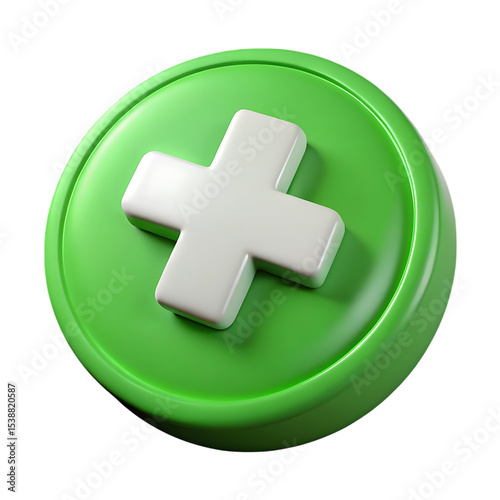 3d rendered medical sign of a white cross symbol on a round green button
