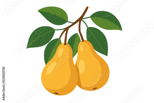 Bright yellow pears hanging from a leafy branch in a simple, colorful depiction celebrating fruit and nature