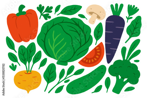 Colorful arrangement of fresh vegetables including bell pepper, cabbage, and carrot on a white background
