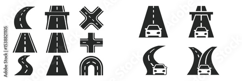 Road design symbols illustrating various pathways, intersections, and vehicles on highways and winding roads