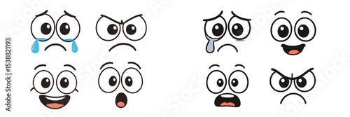 Various emotive expressions displayed by cartoon faces showcasing joy, sadness, surprise, and anger in simple designs