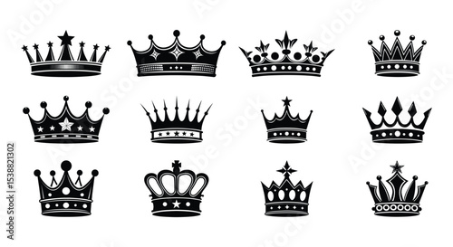 Vector illustration of various crown silhouettes, king and queen symbols