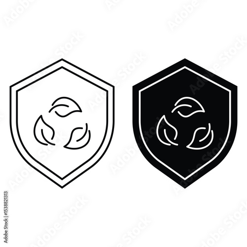 Eco shield protection badge with leaf emblem outline and solid environmental care symbol icon vector illustration for green nature safety.