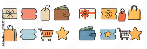 Shopping icons featuring bags, wallets, and tags for e-commerce applications and marketing purposes