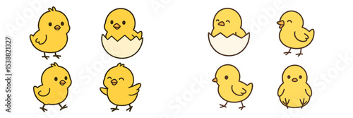 Cute yellow chicks in various postures celebrating springtime and new beginnings in a playful illustration