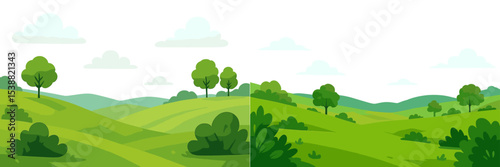 Lush green hills under cloudy sky with trees and bushes in a serene landscape setting during a bright day in spring