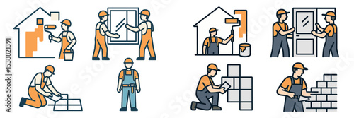 Construction workers engaged in various activities including painting, installing windows, and masonry work at a residential site