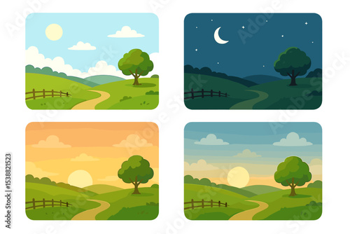 Colorful landscape showing changing scenes of nature throughout the day with vibrant sky and tranquil paths for exploring outdoors