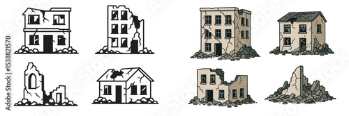 Buildings in various states of decay showcasing architectural deterioration and urban abandonment in an urban setting