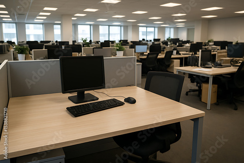 An empty office desk and chair with copy space, perfect for recruitment or job vacancy posters.