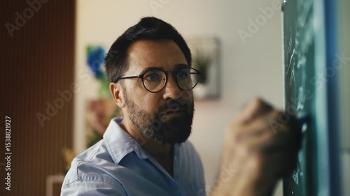 Excited scientist writing on chalkboard, discovering scientific breakthrough