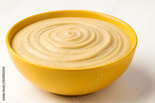 Close-Up of Creamy Breakfast Porridge or Baby Food in a Bright Yellow Bowl on a Clean White Background with Smooth Swirled Texture
