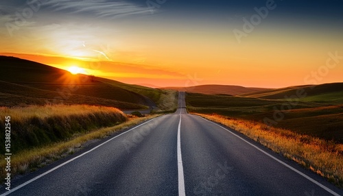 a long straight asphalt road stretches into the horizon disappearing into a beautiful sunset over rolling hills