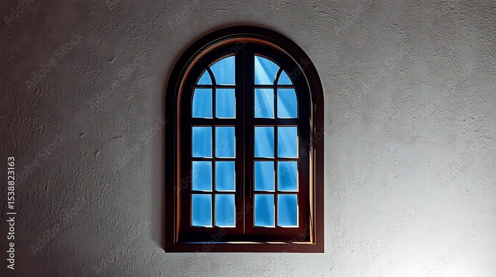 Fototapeta premium Arched window with a wooden frame fills the frame, set against a plain white wall.